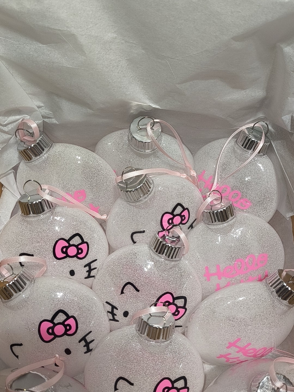 Hello Kitty Pink Bow Glitter Ball Ornaments (Set)